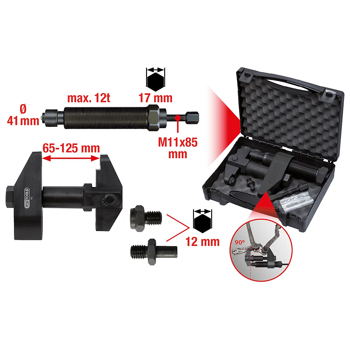 Verschiedene Werkzeuge zur Reparatur, mit Maßangaben. Ein Werkzeug ist in einem Koffer, weitere lose daneben. Abmessungen in mm angegeben.